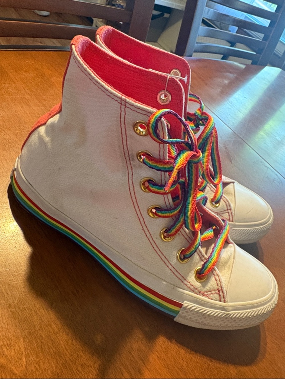 Converse White High-Top Sneakers with Pink Trim and Rainbow Laces - Picture 2 of 5